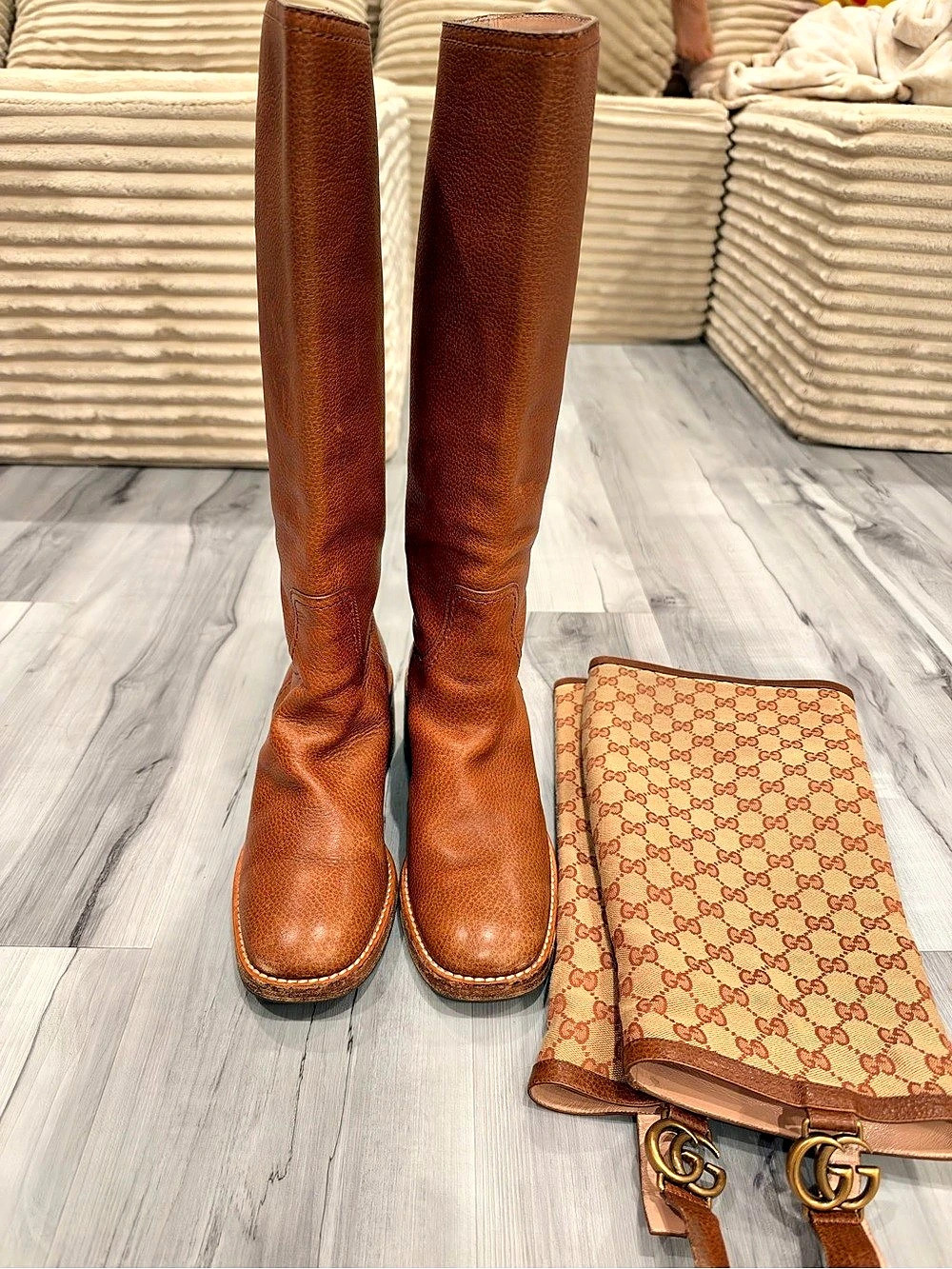 Gucci GG Supreme Canvas and Leather Knee-High Boots Over-the-Knee Boots